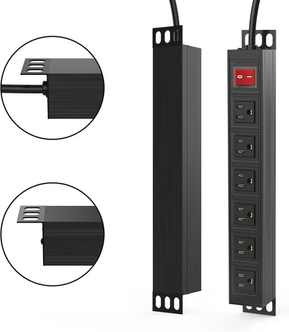 BTU 6 Outlet Power Strip, Metal Mountable Power Strip Surge Protector, Heavy Duty Wall Mount Power Outlet for Commercial, Industrial, Workshop, 6FT Power Cord, 15A/125V 1875W (Black 6FT)