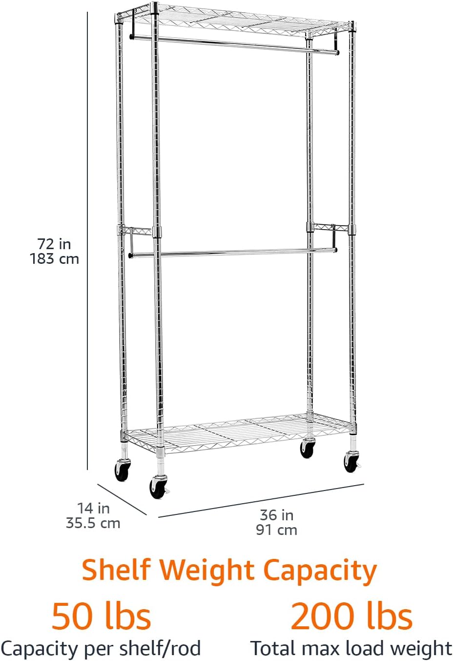 Amazon Basics Adjustable Clothes Rack for Handing, Double Hanging Rod Garment Rolling Closet Clothing Organizer, Chrome, 36'' x 14'' x 72''