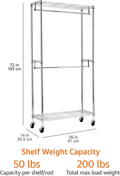 Amazon Basics Adjustable Clothes Rack for Handing, Double Hanging Rod Garment Rolling Closet Clothing Organizer, Chrome, 36'' x 14'' x 72''