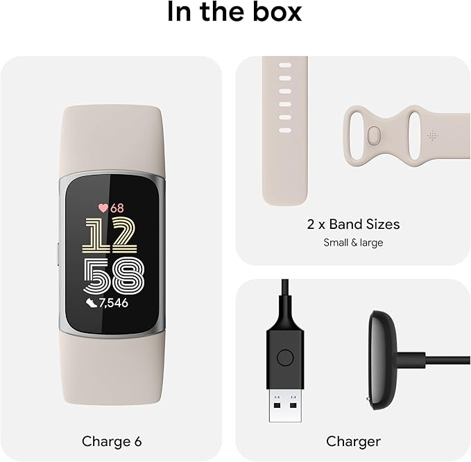 Fitbit Charge 6 Fitness Tracker with Google apps, Heart Rate on Exercise Equipment, 6-Months Premium Membership Included, GPS, Health Tools and More, Porcelain/Silver, One Size (S & L Bands Included)