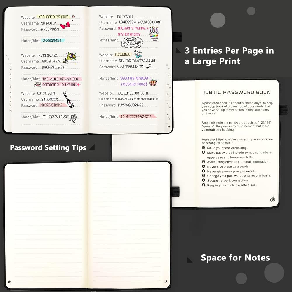 JUBTIC Password Book with Alphabetical Tabs Small Password Keeper with Inner Pocket Record Log in Internet Address Password Notebook Journal Hardcover Password Organizer for Home Office, Black