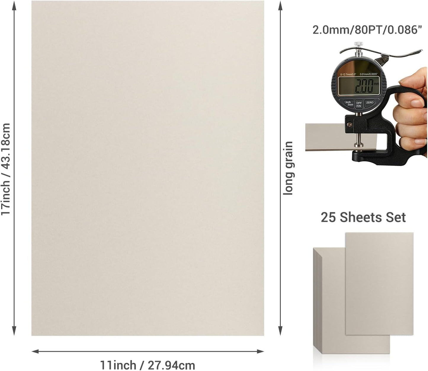 25 Pcs Book Board, Binder Board, Cover Board, Heavy Duty Chipboard for Book Binding, DIY Cardboard (Gray, 11 x 17 Inch 80PT)