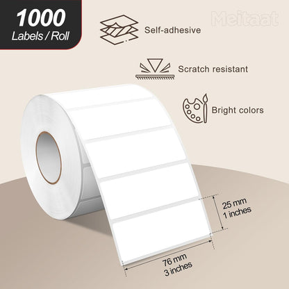 3 × 1 Inches White Rectangle Color Coding Labels 1000 PCS, Self-Adhesive Writable Waterproof Vinyl Blank Sticker Roll for Office Home School Business