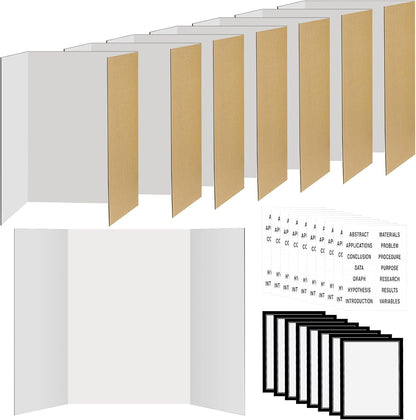 8 Pack 36"x48" Large Trifold Poster Display Board with Headers,White Foldable Presentation Paper Board with 8 Science Subtitles and 64 Self-Adhesive for School Science Business Project Display