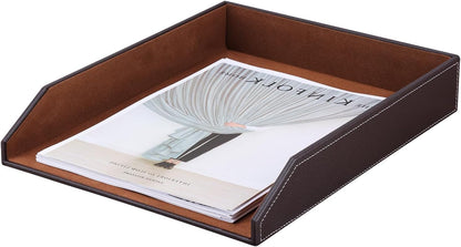 KINGFOM Letter Tray, PU Leather Paper Organizer Tray for Desk, Paper Organizer Storage Holder for Office Home or School A4 Size Brown