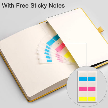 EMSHOI College Ruled Notebook 120gsm Thick Lined Journal - 256 Numbered Pages, A5 Hardcover Leather Writing Notebook for Work, School, Travel - with Sticky Notes, 5.75"x8.38", Yellow