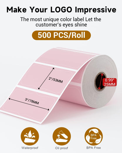 Phomemo Pink Thermal Labels for Shipping Label Printer for Small Business Supplies - 3" x 2" / 500 Pink Labels/Roll, Commercial Grade Round Stickers Roll for Custom Stickers Personalized & Business