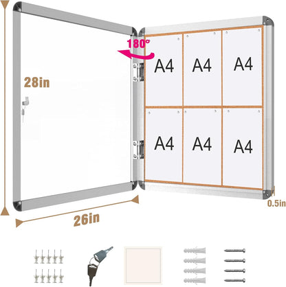 28"x26" Enclosed Bulletin Board, Lockable Weather-Resistant Aluminum Cork Noticeboard for School & Office, Silver Frame w/Cork