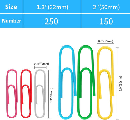 Multicolor Jumbo Paper Clips, 1.3 Inch (33mm) & 2 Inch (50mm), 400-Pack for Office, School & Home Document Organizing (Colorful, 1.3 Inch and 2 Inch)