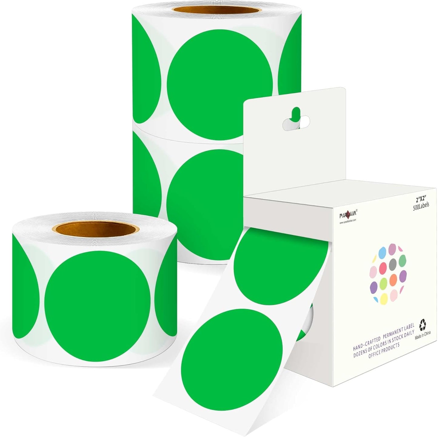PARLAIM 2 inch Round Color-Code Dot Sticker Labels, 4 Rolls 2000 Adhesive Label Pack in Dispenser Box, Green