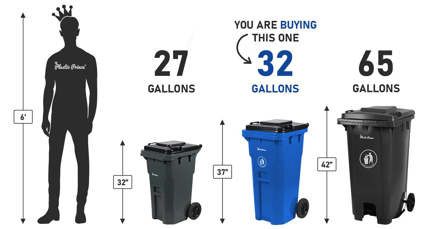 32 Gallon Recycling Rollout Trash Can with Lid, Commercial Heavy-Duty Wheeled Outdoor Garbage Can, Blue