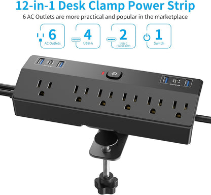 Desk Clamp Power Strip with 40W Fast Charging Station, JXGUCAT Removable Desk Clamp Mount Power Strip Surge Protector, 2 USB-C Ports, 6 AC Outlets and 10ft Cord, Fits 1.8" Tabletop Edge