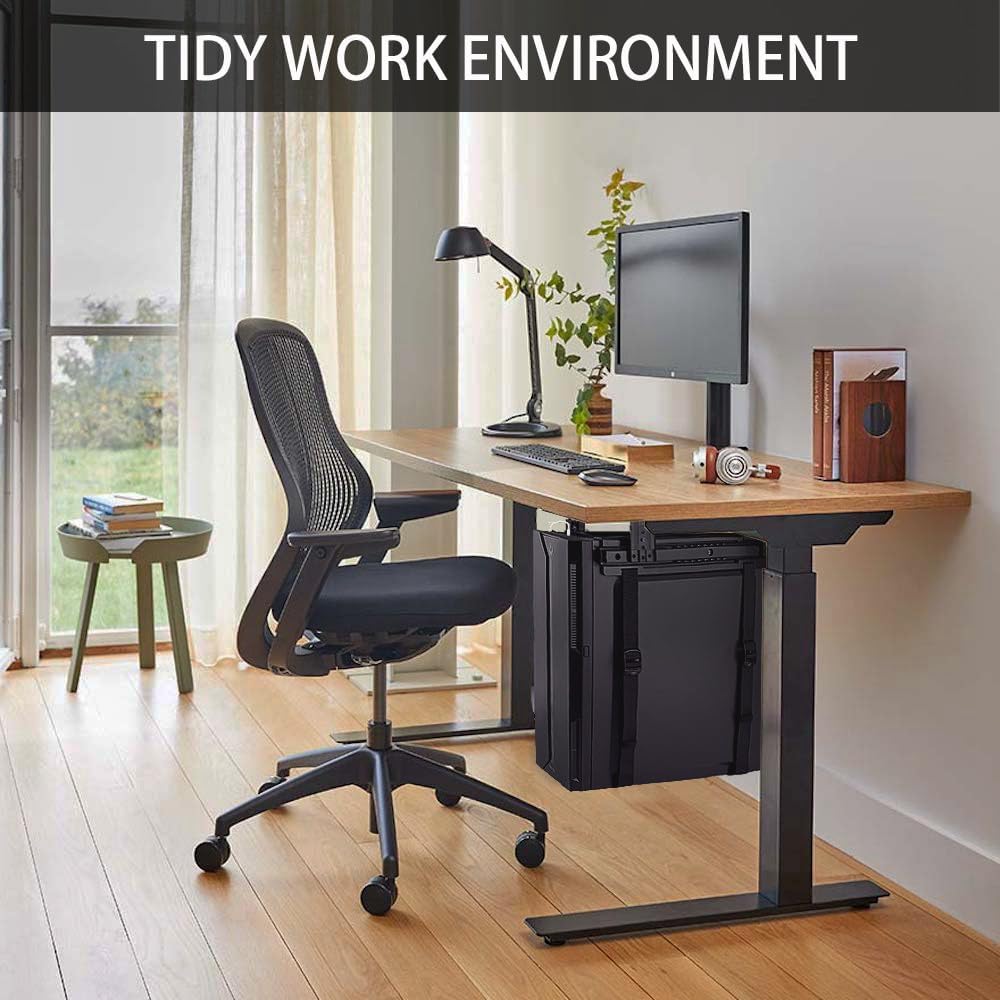 Under Desk Slide Out PC Mount with Anti-Scratch Sponge, Adjustable CPU Holder Bracket for Computer Tower (Black (Slide Access))
