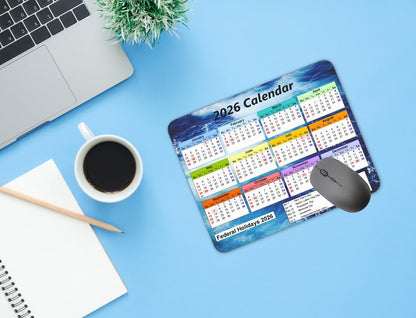 Calendar Mouse pad, 2026 Ocean Wave Background Calendar Natural Rubber Mouse Pad, Quality Creative Gaming Rectangle Mouse Personalized Desk Mouse Pad 9.5 inch x 7.9 inch