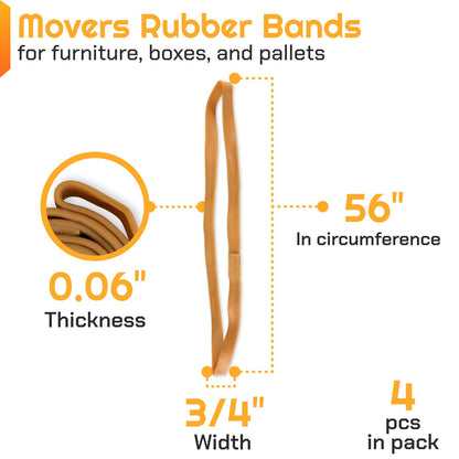 IDL Packaging 56" Strong, Elastic & Flexible Rubber Bands, Pack of 4, Beige - 2X Elasticity, 80% Natural Rubber - Extra Strong Mover Bands for Furniture, Boxes, Moving Blankets
