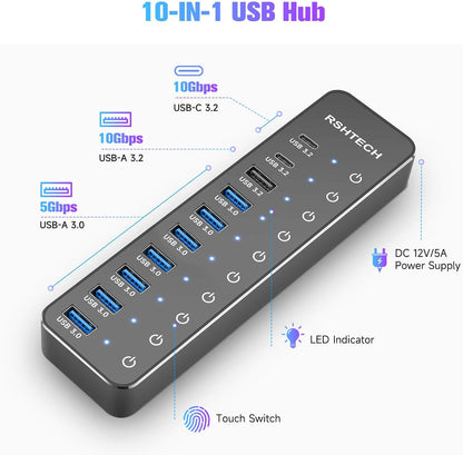 Powered USB Hub, RSHTECH 10-Port USB 3.2/USB C Hub 60W with 10Gbps USB-A 3.2, 2 USB-C 3.2, 7 USB 3.0 Ports, Individual Touch Switches and 3.3ft Cable, Hybrid USB Splitter for Laptop/PC, RSH-ST10C