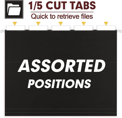 HERKKA Hanging File Folders, 60 Pack Reinforced Letter Size Hanging Folders, Designed for Bulky Files, Filing Cabinet, 1/5-Cut Adjustable Tabs (Black)