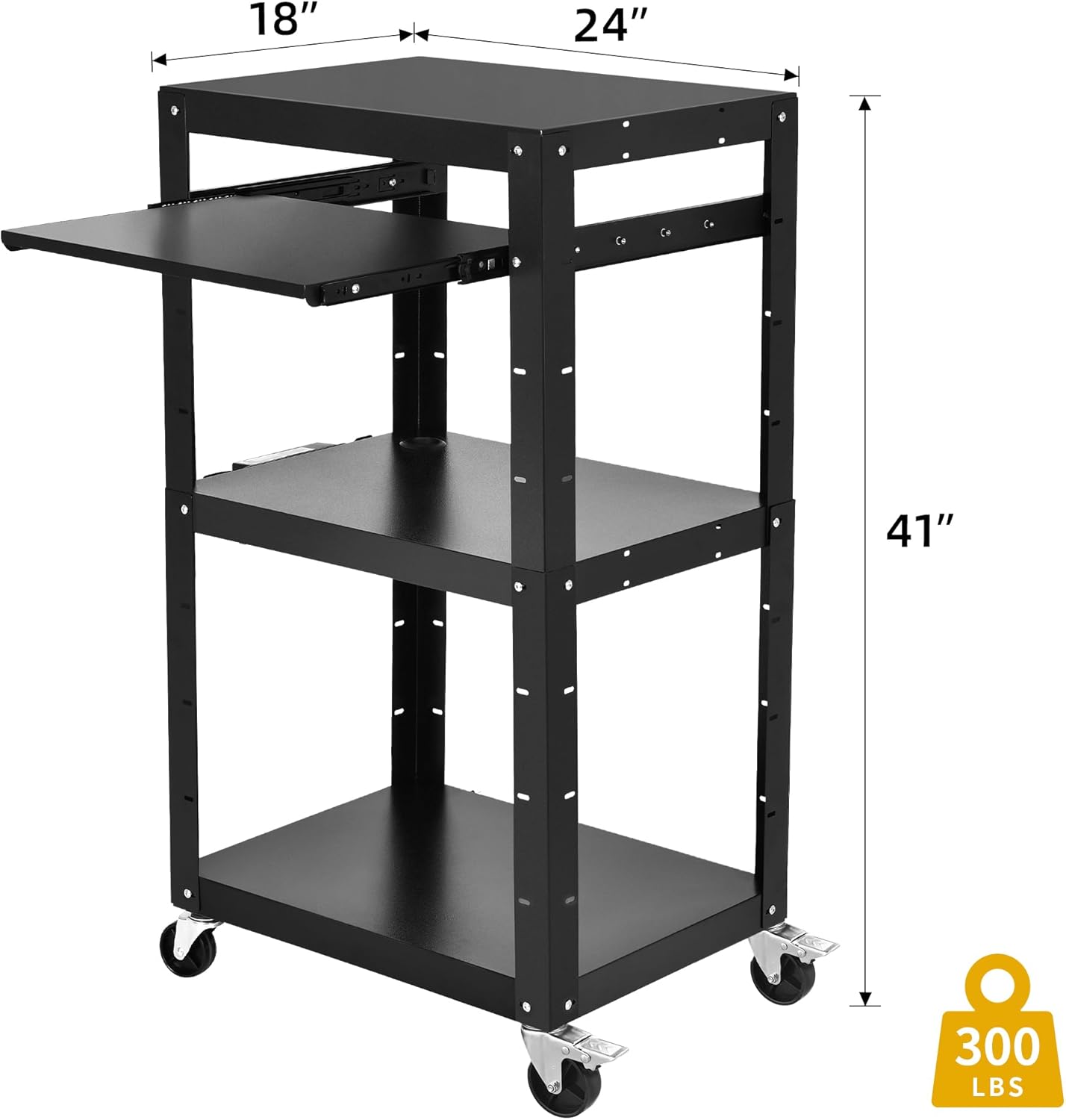 DWVO AV Cart with Wheels and Power 16.4ft Extra-Long Cord, Metal Presentation Cart with Keyboard Tray, Rolling Large Media Carts with 2 Locking Brakes, Easy to Assemble, Black
