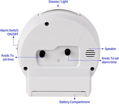 4.3" No Ticking Analog Alarm Clock,Silent Readable for Seniors,Easy to Set,Gradual Rise Alarm,Big Numbers,On/Off Switch on Side,Gentle Wake,Snooze,Lighted on Demand,Battery Operated,White