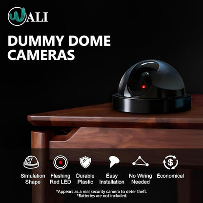 WALI Dummy Fake Security CCTV Dome Camera with Flashing Red LED Light with Security Alert Sticker Decals (SD-6), 6 Packs, Black
