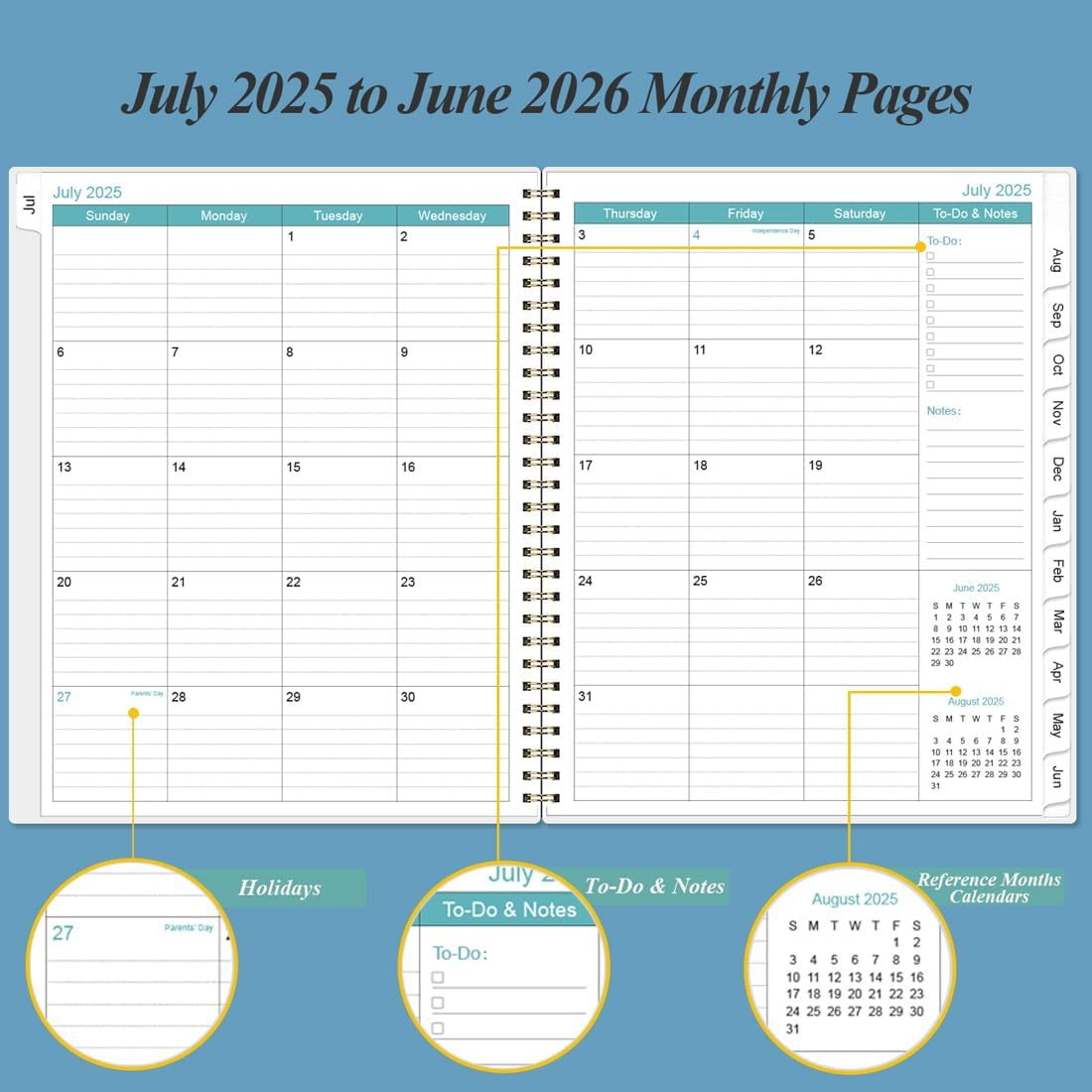 2025-2026 Planner - Academic Planner 2025-2026 from July 2025 to June 2026 with 12 Monthly Tabs, Flexible Cover, Inner Pocket, 8.5" x 11", Blue