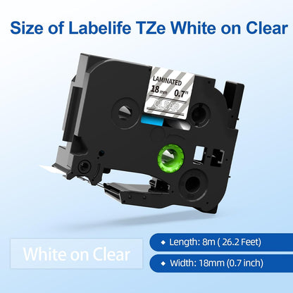 Labelife 18mm Label Tape White on Clear 3/4" Replace for Brother P Touch TZe TZ Tape 18mm 0.7 Laminated Clear TZe-145 TZe145 TZ145 Compatible with Ptouch PTD600 PTD400AD PT1880 Label Maker, 4-Pack