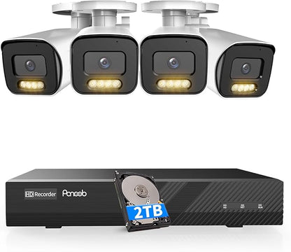 4 Camera Security System 8 Channel, 4X 5-Megapixel Wired Security IP Bullet PoE Camera w/Human Detection, 2 Way Audio, Smart Dual Light Color Night Vision, 4K 8CH NVR 2TB HDD, PB65A0408-5MD