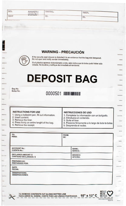 Clear Plastic Deposit Bags 10"x13" | Secure Bank Deposits, Cash Handling or Safe Currency Transportation | Sequential Barcodes | Tamper-Evident | Tear-Off Receipt for Security | 100-Pack