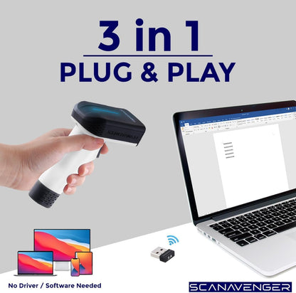 ScanAvenger Wireless Portable 1D&2D with Stand Bluetooth Barcode Scanner: Hand Scanner 3-in-1, Cordless, Rechargeable Scan Gun for Inventory - USB Bar Code/QR Reader (1D&2D Upgraded Next Gen Stand)