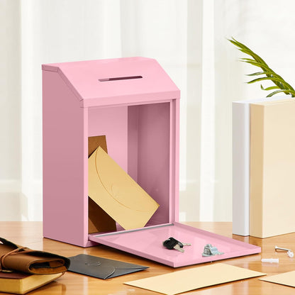 Metal Donation Cash Box Collection Safe Suggestion Box with Lock Wall Mounted Mailbox Delivery Ballot Container for Home Office Outdoor Door(Pink,11.8 x 8.6 x 4.7 Inch)