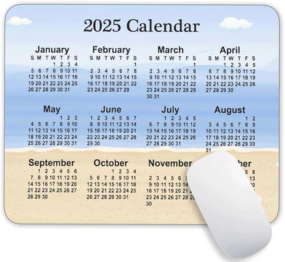 Calendar Mouse Pad, Gaming Mouse Mat with Custom Design, Non-Slip Rubber Base MousePads for Office Home Laptop Travel, 9.5"x7.9"x0.12" Inch (2025 Calendar Sky Beach Background)