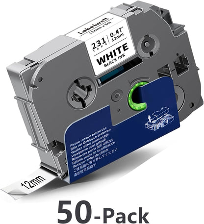 50-Pack TZe TZ Tape 12mm 0.47 Inch Laminated Black on White 1/2" Compatible for P Touch Label Tape Refills for Ptouch PT-P710BT H110 D210 D220 D400 D600 PTH110 Label Maker