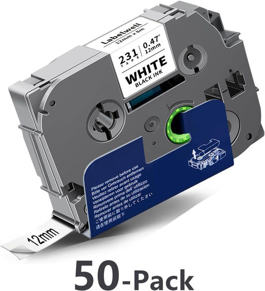 50-Pack TZe TZ Tape 12mm 0.47 Inch Laminated Black on White 1/2" Compatible for P Touch Label Tape Refills for Ptouch PT-P710BT H110 D210 D220 D400 D600 PTH110 Label Maker