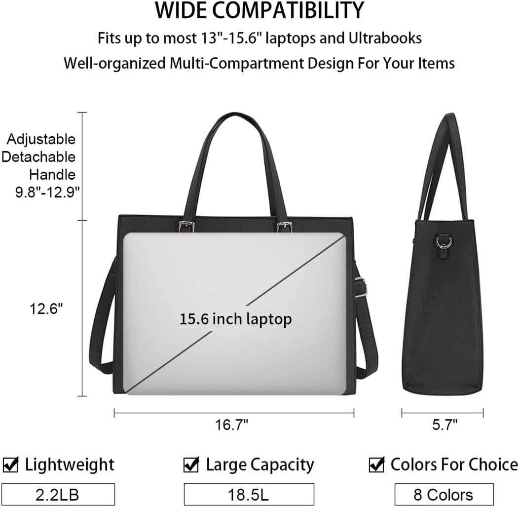 Laptop Bag for Women Waterproof Lightweight Leather 15.6 Inch Computer Tote Bag Business Office Briefcase Large Capacity Handbag Shoulder Bag Professional Office Work Bag Black
