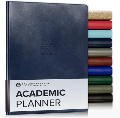 Gallery Leather Academic Planner 2025-2026, Teacher and Student Weekly Monthly Planner, Elegantly Bound Calendar with Gold-Gilded Page Edges, 18 Months - Acadia Navy - 9x7"