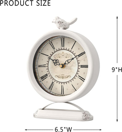 Vintage Table Clock with Bird, European Antique Style White Mantel Clocks, Desk and Shelf Decor Clock, for Farmhouse, Bedside, Living Room, Bedroom, Gift (9" H x 6.5" W)