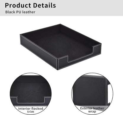 Leather 1-Layer Letter Tray Stackable File Document Tray,A4 Paper Case Rack Desk Office Supplies Organizer Holders,Desktop Organization, Pen Mail Magazine Storage Box(Black)