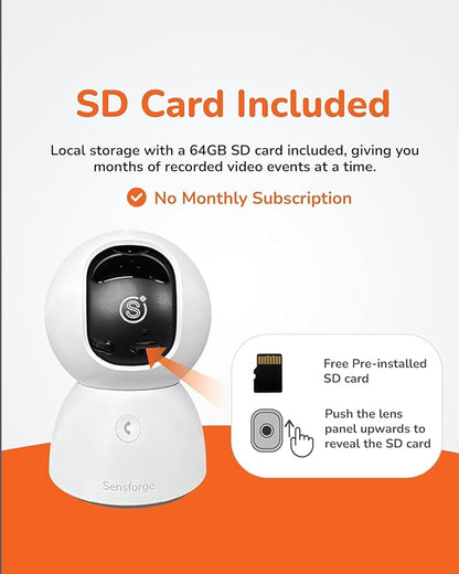 Sensforge 2.5K White Indoor Pan-Tilt Dome Security Camera (2-Pack), AI Human & Pet Detection, 360° Coverage, Two-Way Audio, Dual-Band Wi-Fi (2.4G/5G), 64GB SD Card Included, No Monthly Fees