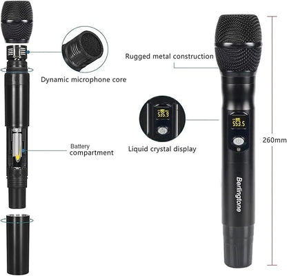 Berlingtone) 6-Channel UHF Wireless Microphone System Cordless Mic with Metal Handheld, Fixed Frequency Channel, Dynamic Microphone for Karaoke, Church, Singing, DJ, 262ft Range (BR-600UM)