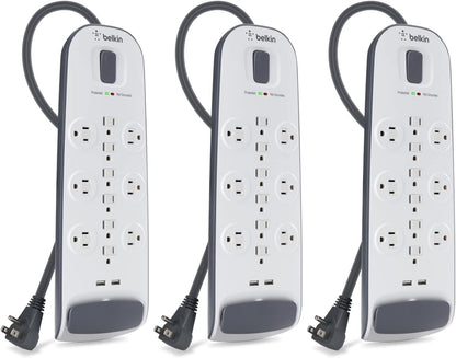 Belkin 12-Outlet USB Power Strip Surge Protector, Flat Plug, 6ft Cord (3,996 Joules), White - Pack of 3