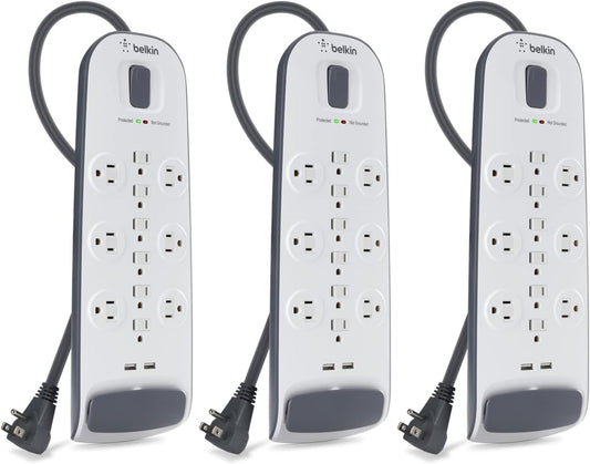 Belkin 12-Outlet USB Power Strip Surge Protector, Flat Plug, 6ft Cord (3,996 Joules), White - Pack of 3