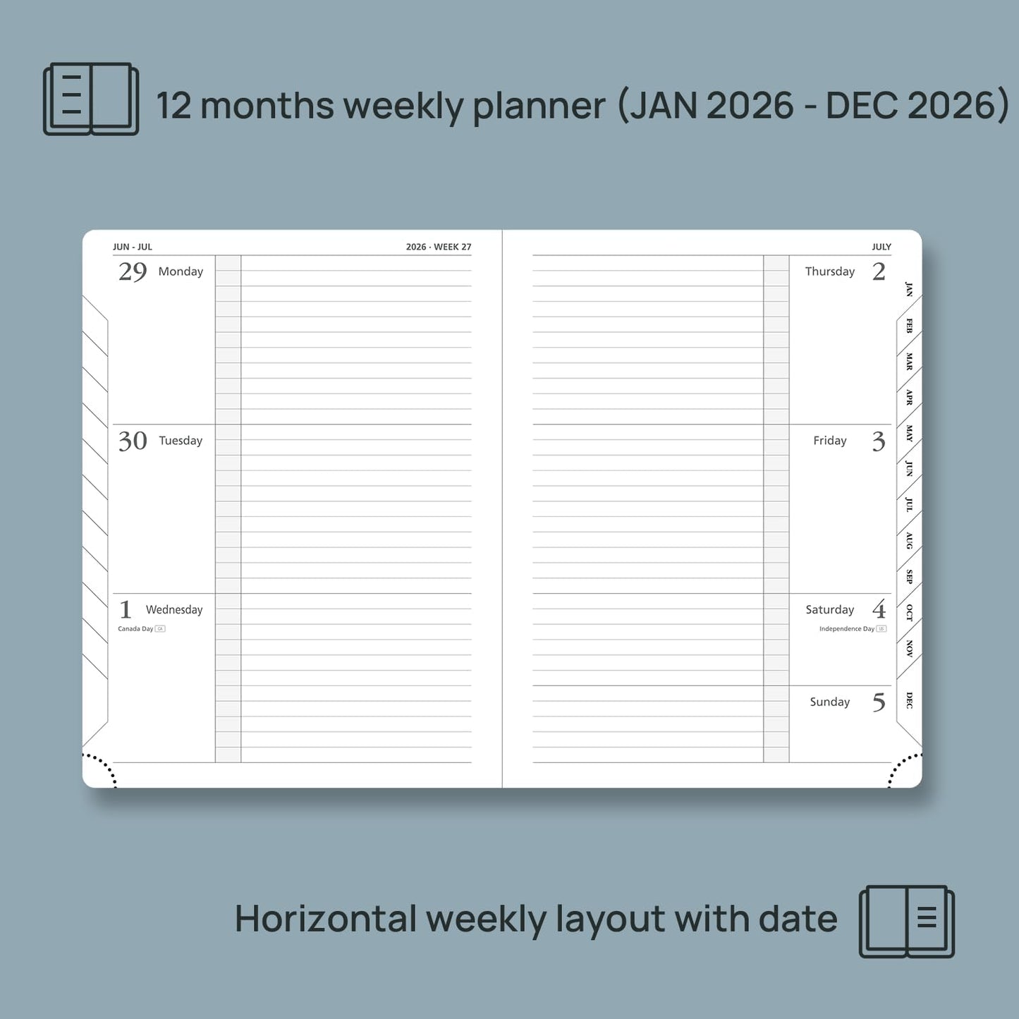 POPRUN 2026 Weekly Planner (Medium 6.75" x 8.75") 12 Months Calendar Notebook with Horizontal Layout, Leather Hardcover, Inner Pocket, 100GSM Thick Paper, Pen Holder - Aquamarine