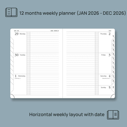 POPRUN 2026 Weekly Planner (Medium 6.75" x 8.75") 12 Months Calendar Notebook with Horizontal Layout, Leather Hardcover, Inner Pocket, 100GSM Thick Paper, Pen Holder - Black