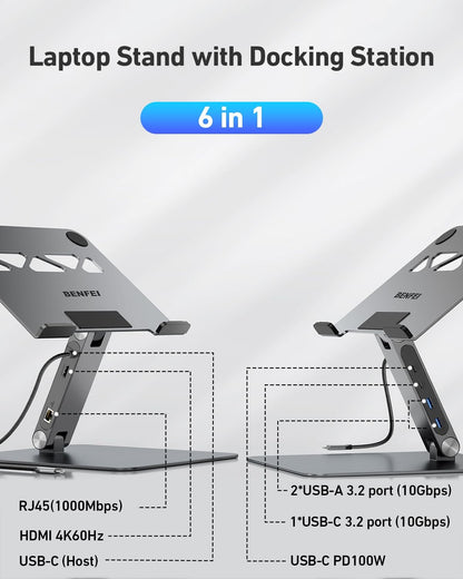 BENFEI Laptop Stand with USB C 6in1 Docking Station, HDMI 4K@60Hz,Gigabit Ethernet, 100W Power Delivery, 10Gbps 1*USB C 3.2 and 2*USB A 3.2 Compatible with MacBook Pro/Air, iPad Pro, XPS, Thinkpad