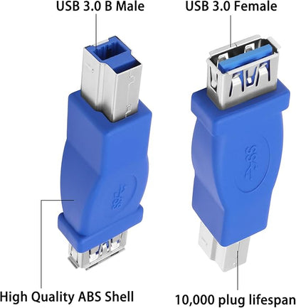 MEIRIYFA USB A to USB 3.0 B Printer Adapter, USB 3.0 Type-B to USB3.0 Type-A Female Adapter Converter 5Gbps for Printer, Scanner, External Hard Drive, Laptops - Blue, 2PCS (USB-B Male)