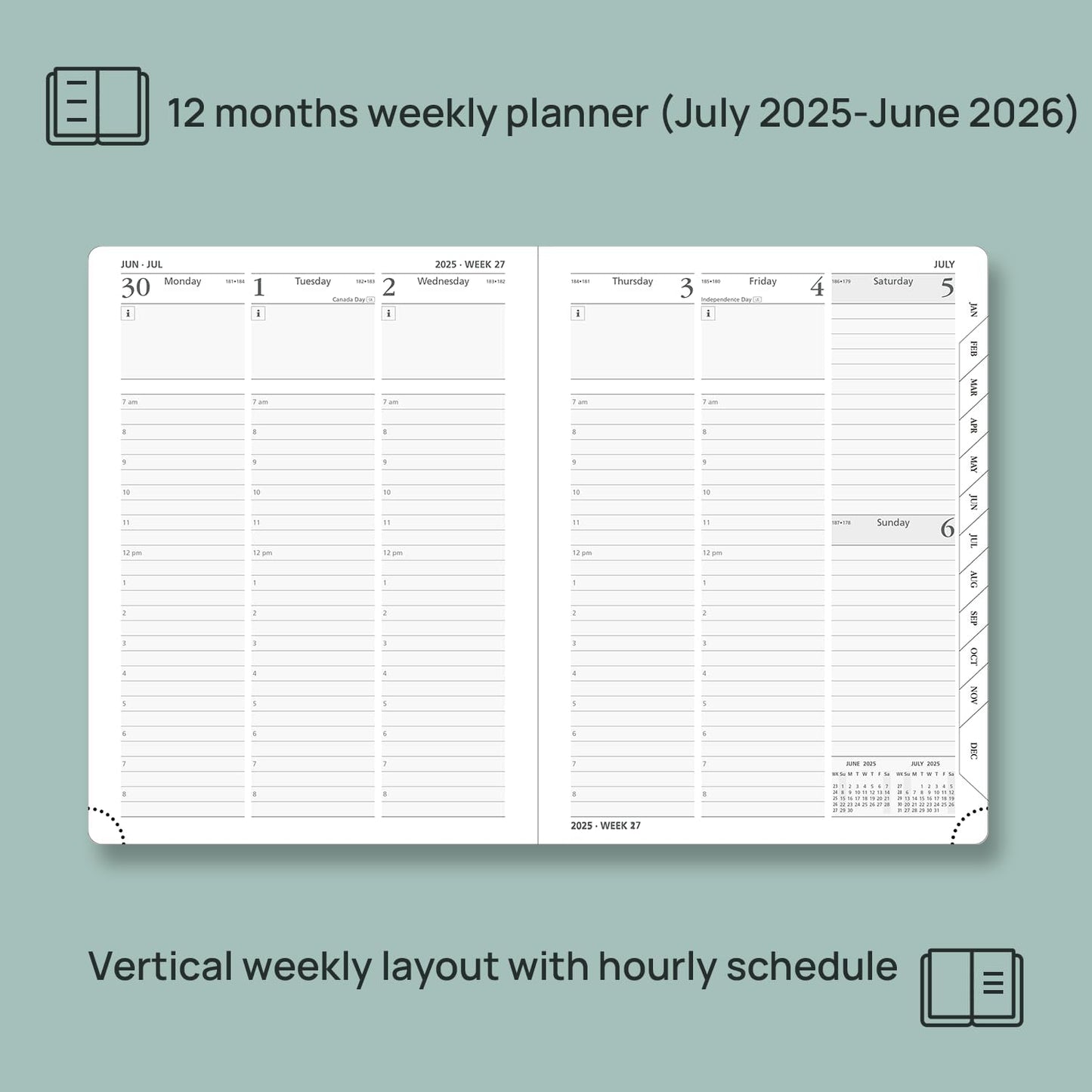 POPRUN Planner 2025-2026 (Medium - 6.5'' x 8.5'') Academic Weekly Calendar (July 2025 - June 2026) with Hourly Time Slots, Monthly Tabs, 100GSM Thick Papers, Leather Soft Cover - Blue Green