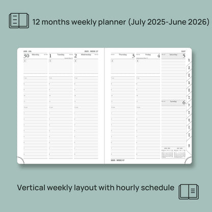 POPRUN Planner 2025-2026 (Medium - 6.5'' x 8.5'') Academic Weekly Calendar (July 2025 - June 2026) with Hourly Time Slots, Monthly Tabs, 100GSM Thick Papers, Leather Soft Cover - Pacific Green