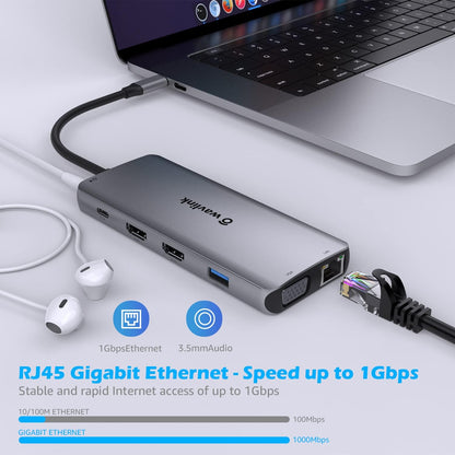 WAVLINK USB C Docking Station Dual Monitor for Dell HP Surface Lenovo MacBook Laptop, Triple Display USB-C Hub Multiport Adapter Dongle- 2 HDMI, VGA, Ethernet,100W PD, 5 USB, SD/TF Card Reader,Audio