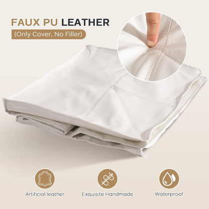 Unstuffed Pouf Ottoman Cover, 17.7x17.7 inch Faux Leather Moroccan Poofy Ottomans Cover, footrest Square White Footstool with Storage Waterproof Easy Cleaning for Living Room (Only Cover No Filler)