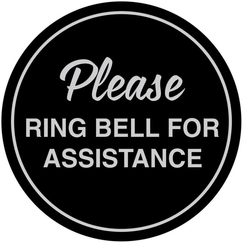 Signs ByLITA Circle Please Ring Bell For Assistance Wall or Door Sign | Easy Installation | Front Desk Reception Sign (Black/Silver) - Large (1 Pack)